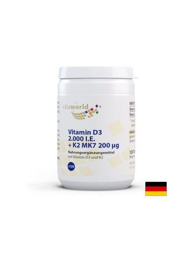 Витамин Д3 50 мкг с витамин К2 200  мкг (менахинон МК-7) |  Vitamin D3 + К2  |  Vitaworld ® , 120 табл.