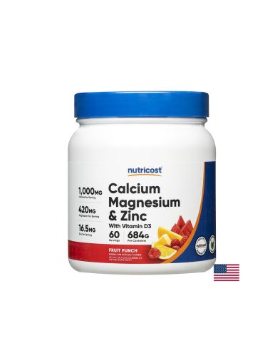 Калций, Магнезий, Цинк, Витамин Д3 | Calcium+Magnesium+Zinc+D3 Powder Fruit Punch | Nutricost, 325 г прах, с плодов вкус
