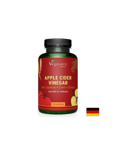 Ябълков оцет + лют червен пипер, канела и хром | Apple Cider Vinegar mit Cayenne + Zimt + Chrom | Vegavero, 120 капс.