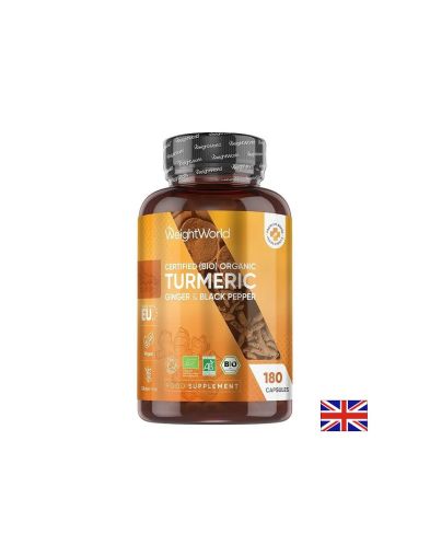 БИО Куркума + Джинджифил и Черен пипер | Certified (BIO) Organic Turmeric with Organic Ginger and Black peppеr | Weight World , 180 капс.