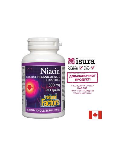 Ниацин 500 мг + Инозитол 120 мг | Niacin inositol Hexanicotinate Flush free | Natural Factors, 90 капс.