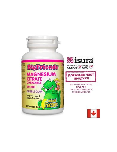 Магнезий цитрат за деца 50 мг | Magnesium Citrate | Natural Factors, 60 дъвч. табл. с вкус на дъвка 
