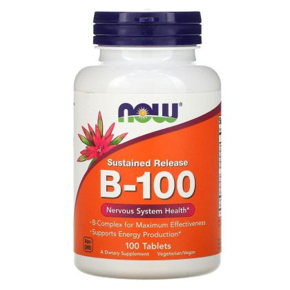 Витамин Б Комплекс | Удължено освобождаване | Vitamin B-100 Complex | Now Foods, 100 табл. 