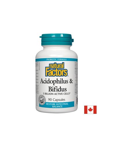 Acidophilus & Bifidus 5 Billion Active Cells / Ацидофилус бифидус, 5 милиарда активни пробиотици, 90 капсули Natural Factors