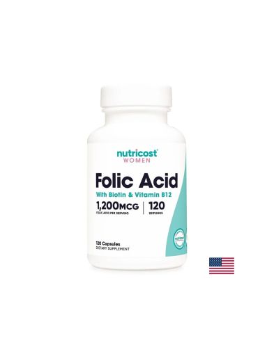 Фолиева киселина + Биотин + Витамин Б12 | Folic Acid with Biotin and Vitamin B12 | Nutricost, 120 капс.