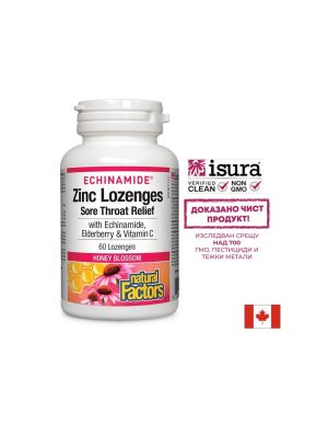 Цинк, ехинацея, витамин Ц и черен бъз | Zinc, Echinamide, Vitamin C | Natural Factors, 60 табл. за смучене