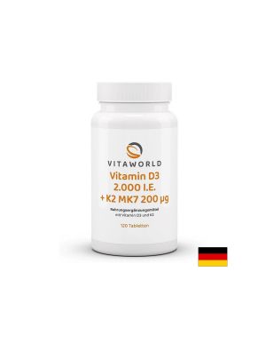 Витамин Д3 50 мкг с витамин К2 200  мкг (менахинон МК-7) |  Vitamin D3 + К2  |  Vitaworld ® , 120 табл.