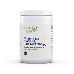 Витамин D3 2000 IU с витамин К2 200 µg (менахинон МК-7) |  Vitamin D3 + К2  |  Vitaworld ® , 120 табл.