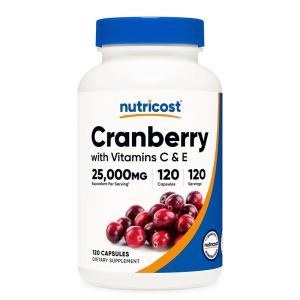 Червена боровинка 500 мг  + витамин С и Е | Cranberry with Vitamins C and E | Nutricost, 120 капс.