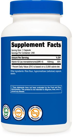 Витамин К2, МК-4 100 мкг | Vitamin K2 MK-4 | Nutricost, 240 капс. 