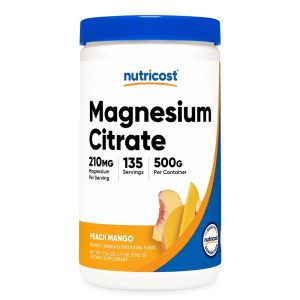 Магнезий (цитрат) 210 мг | Magnesium Citrate Peach Mango | Nutricost, 500 г прах, с вкус на праскова и манго