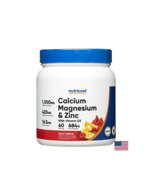 Калций, Магнезий, Цинк, Витамин Д3 | Calcium+Magnesium+Zinc+D3 Powder Fruit Punch | Nutricost, 325 г прах, с плодов вкус